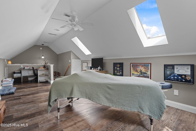195 Devonshire Ave W, Seven Lakes, NC 27376 - bedroom featuring a skylight, vaulted ceiling, wood finished floors, baseboards, and a ceiling fan