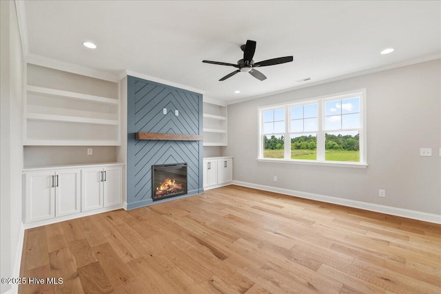 2259 Heartland Rd, Battleboro, NC 27809 - unfurnished living room with baseboards, light wood-style floors, a ceiling fan, ornamental molding, and recessed lighting