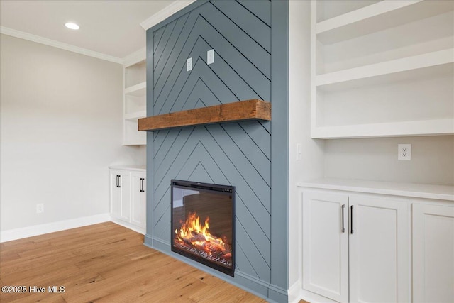 2259 Heartland Rd, Battleboro, NC 27809 - detailed view of crown molding, a large fireplace, wood finished floors, baseboards, and built in features