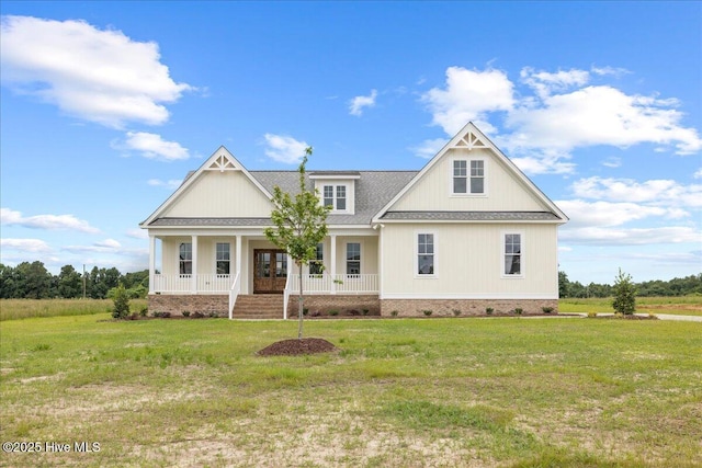 2259 Heartland Rd, Battleboro, NC 27809 - craftsman house featuring a porch, crawl space, a front yard, and roof with shingles