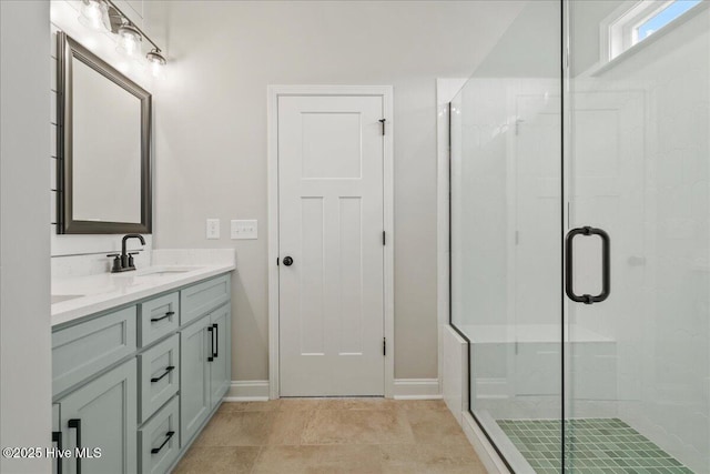 2259 Heartland Rd, Battleboro, NC 27809 - full bathroom featuring double vanity, a shower stall, and baseboards