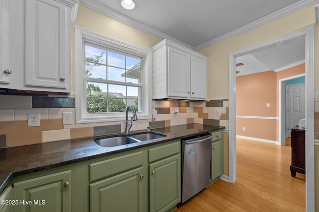206 Lansing Ct, Jacksonville, NC 28540 - kitchen featuring a sink, dishwasher, green cabinetry, white cabinets, and ornamental molding