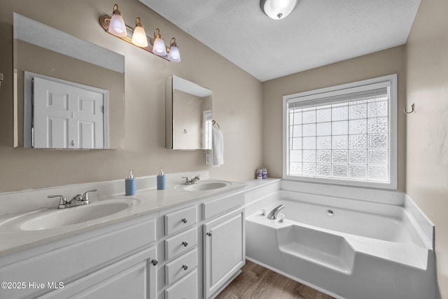 206 Lansing Ct, Jacksonville, NC 28540 - full bath with double vanity, wood finished floors, a garden tub, and a textured ceiling