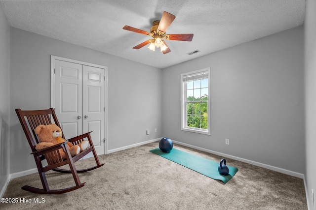 206 Lansing Ct, Jacksonville, NC 28540 - exercise area with carpet flooring, baseboards, ceiling fan, and a textured ceiling
