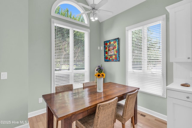 2021 Seawind Ln, Wilmington, NC 28405 - dining room featuring a ceiling fan, light wood-type flooring, and baseboards