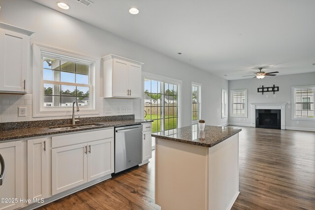 33 Chippewa Ln, Rocky Point, NC 28457 - kitchen with stainless steel dishwasher, a sink, a fireplace, decorative backsplash, and recessed lighting