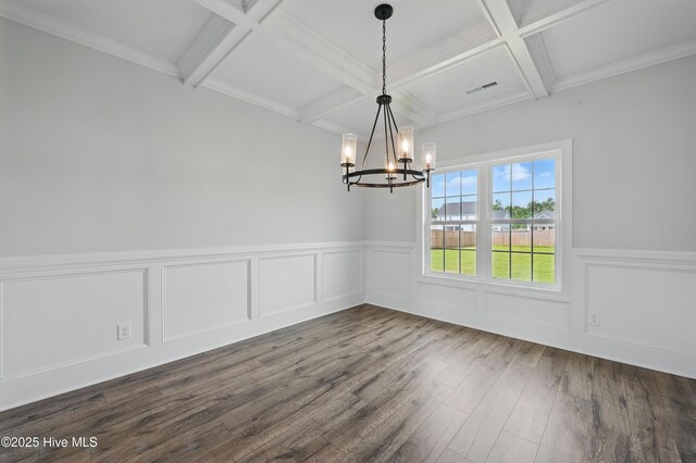 33 Chippewa Ln, Rocky Point, NC 28457 - unfurnished dining area with a chandelier, coffered ceiling, dark wood-style floors, beam ceiling, and wainscoting