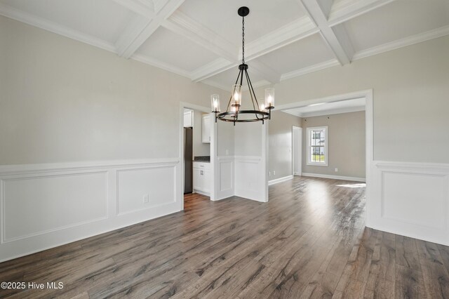 33 Chippewa Ln, Rocky Point, NC 28457 - unfurnished dining area featuring a chandelier, coffered ceiling, beam ceiling, dark wood finished floors, and wainscoting