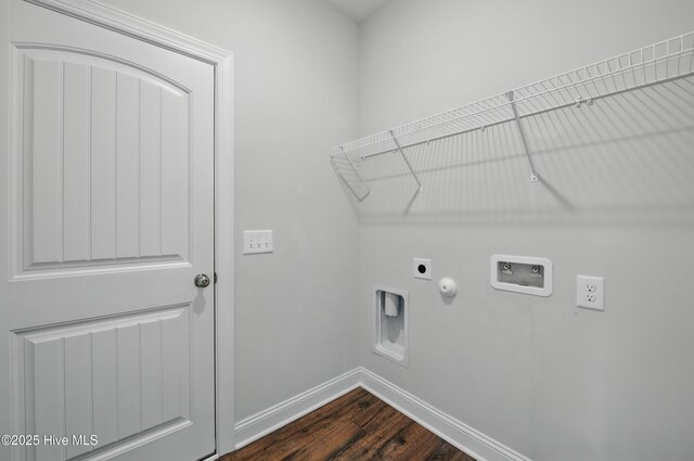 33 Chippewa Ln, Rocky Point, NC 28457 - laundry room with hookup for an electric dryer, gas dryer hookup, hookup for a washing machine, baseboards, and dark wood-type flooring