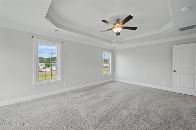 33 Chippewa Ln, Rocky Point, NC 28457 - unfurnished room featuring a raised ceiling, crown molding, plenty of natural light, ceiling fan, and carpet flooring
