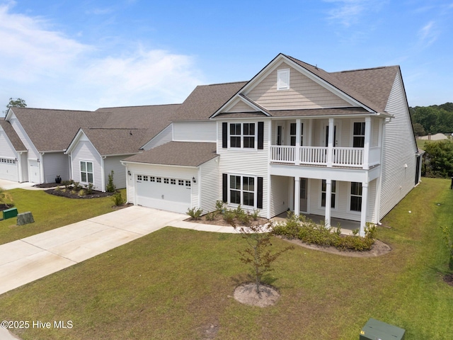 81 Eagle Claw Dr, Calabash, NC 28467 - greek revival house featuring a balcony, a garage, driveway, a shingled roof, and a front yard