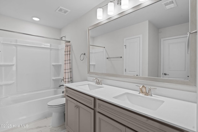 81 Eagle Claw Dr, Calabash, NC 28467 - bathroom featuring marble look tiles, shower / bath combination with curtain, double vanity, and toilet