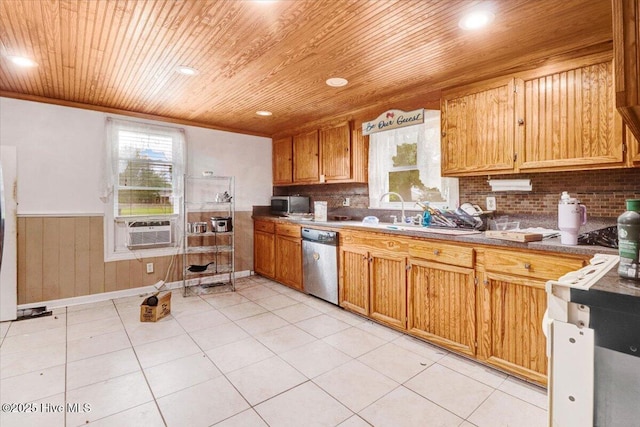 305 Court St, Gatesville, NC 27938 - kitchen with appliances with stainless steel finishes, a wainscoted wall, plenty of natural light, wooden ceiling, and ornamental molding
