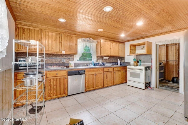 305 Court St, Gatesville, NC 27938 - kitchen featuring dishwasher, white range with electric stovetop, wooden ceiling, decorative backsplash, and light tile patterned floors