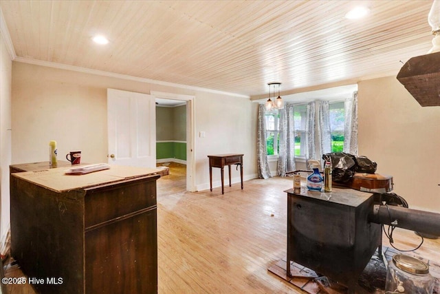 305 Court St, Gatesville, NC 27938 - living room with wooden ceiling, recessed lighting, light wood-type flooring, crown molding, and baseboards