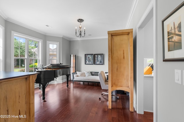 310 White Swan Ct, Wilmington, NC 28412 - office area with dark wood-style floors, a chandelier, ornamental molding, and baseboards