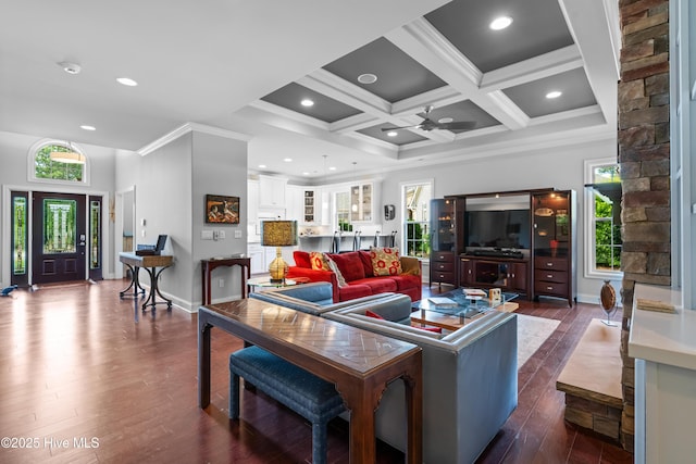 310 White Swan Ct, Wilmington, NC 28412 - living room with crown molding, a ceiling fan, healthy amount of natural light, baseboards, and dark wood finished floors