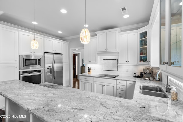 310 White Swan Ct, Wilmington, NC 28412 - kitchen featuring a sink, healthy amount of natural light, a peninsula, appliances with stainless steel finishes, and ornamental molding