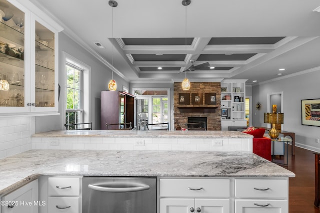 310 White Swan Ct, Wilmington, NC 28412 - kitchen featuring open floor plan, stainless steel dishwasher, wood finished floors, plenty of natural light, and crown molding