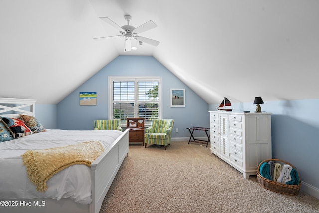 310 White Swan Ct, Wilmington, NC 28412 - bedroom featuring light carpet, lofted ceiling, ceiling fan, and baseboards