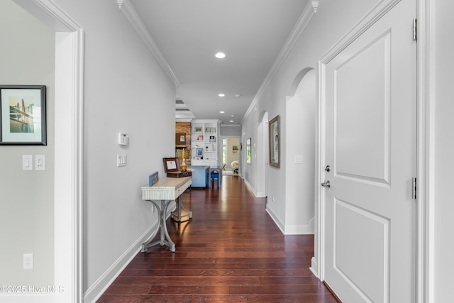 310 White Swan Ct, Wilmington, NC 28412 - hallway with hardwood / wood-style floors, crown molding, recessed lighting, and baseboards