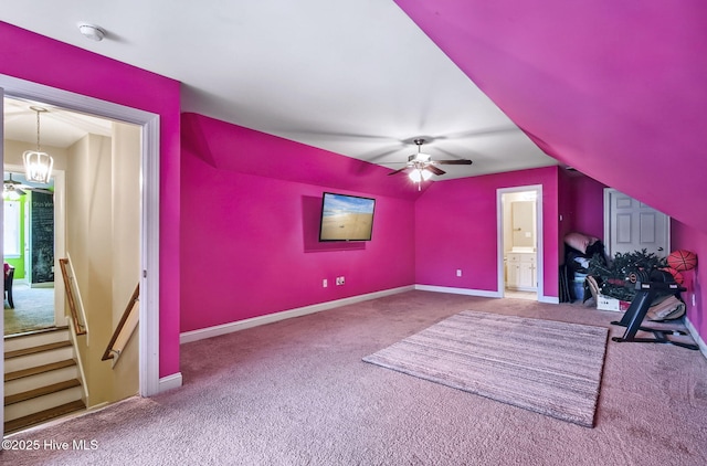 3509 Wales Pl N, Wilson, NC 27896 - office space featuring carpet floors, a chandelier, baseboards, lofted ceiling, and a ceiling fan