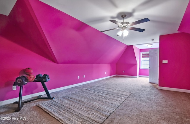 3509 Wales Pl N, Wilson, NC 27896 - bonus room with carpet, vaulted ceiling, baseboards, and a ceiling fan