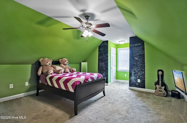 3509 Wales Pl N, Wilson, NC 27896 - carpeted bedroom with baseboards, vaulted ceiling, and ceiling fan