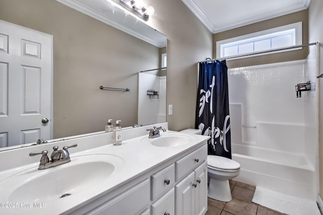 3509 Wales Pl N, Wilson, NC 27896 - full bath with crown molding, toilet, double vanity, shower / tub combo, and tile patterned flooring