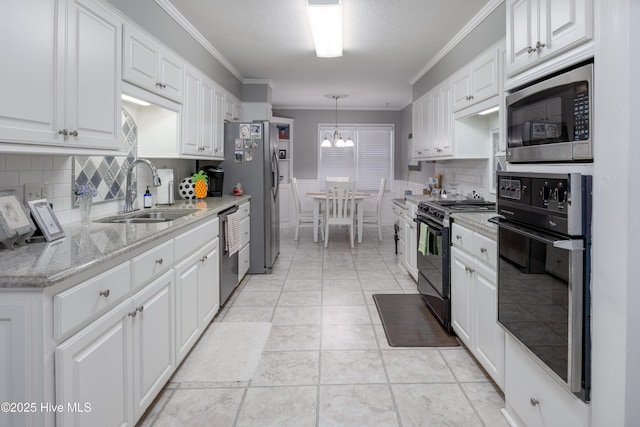 202 Forest Dr, Clinton, NC 28328 - kitchen with black appliances, a sink, crown molding, white cabinetry, and backsplash