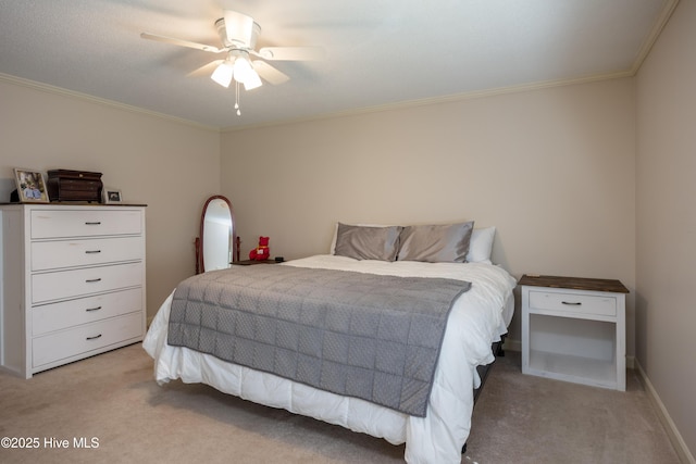 202 Forest Dr, Clinton, NC 28328 - bedroom featuring light carpet, ornamental molding, a ceiling fan, and baseboards