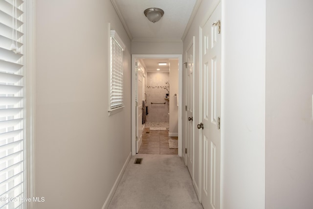202 Forest Dr, Clinton, NC 28328 - hall featuring light carpet, ornamental molding, and baseboards