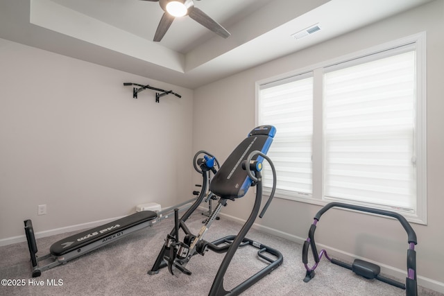 382 Sandy Brook Ct, Supply, NC 28462 - workout area featuring baseboards, a ceiling fan, healthy amount of natural light, and carpet flooring