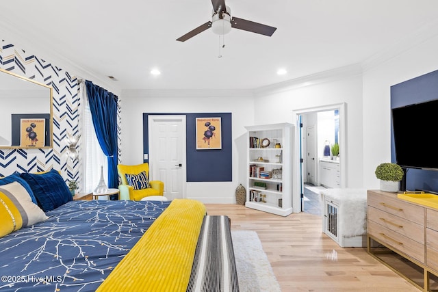 3108 Rivendell Pl, Wilmington, NC 28411 - bedroom featuring ornamental molding, light wood-style floors, recessed lighting, ensuite bathroom, and a ceiling fan