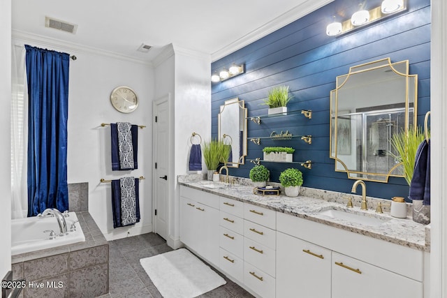 3108 Rivendell Pl, Wilmington, NC 28411 - bathroom with ornamental molding, double vanity, a bath, and a shower stall