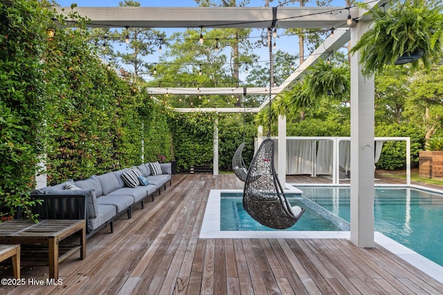 3108 Rivendell Pl, Wilmington, NC 28411 - view of pool featuring outdoor lounge area, a deck, a fenced backyard, and a pool with connected hot tub