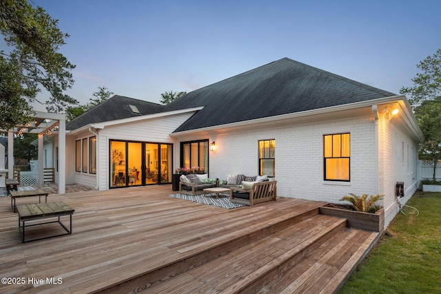 3108 Rivendell Pl, Wilmington, NC 28411 - back of house featuring an outdoor living space, a wooden deck, a pergola, and brick siding
