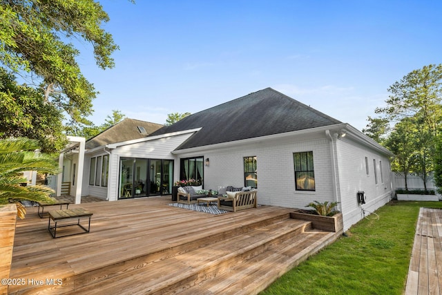 3108 Rivendell Pl, Wilmington, NC 28411 - back of house featuring an outdoor living space, a deck, a shingled roof, and brick siding