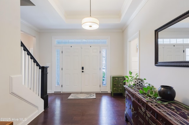 411 Canvasback Ln, Sneads Ferry, NC 28460 - foyer entrance featuring stairs, plenty of natural light, dark wood-type flooring, crown molding, and a tray ceiling