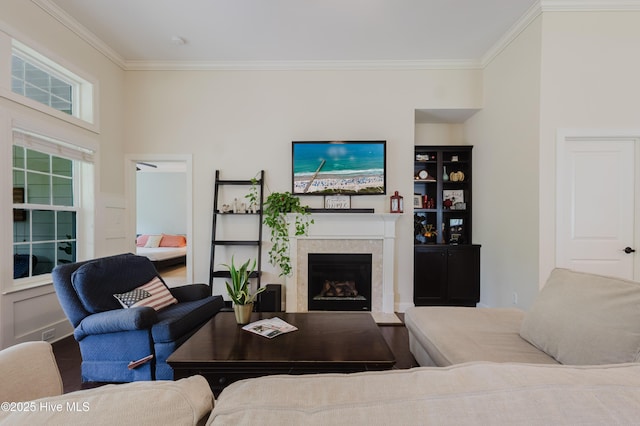 411 Canvasback Ln, Sneads Ferry, NC 28460 - living area featuring ornamental molding and a fireplace with flush hearth