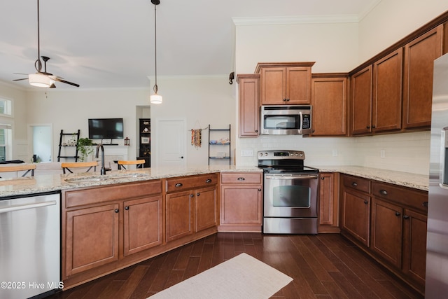 411 Canvasback Ln, Sneads Ferry, NC 28460 - kitchen with appliances with stainless steel finishes, a sink, crown molding, a ceiling fan, and tasteful backsplash