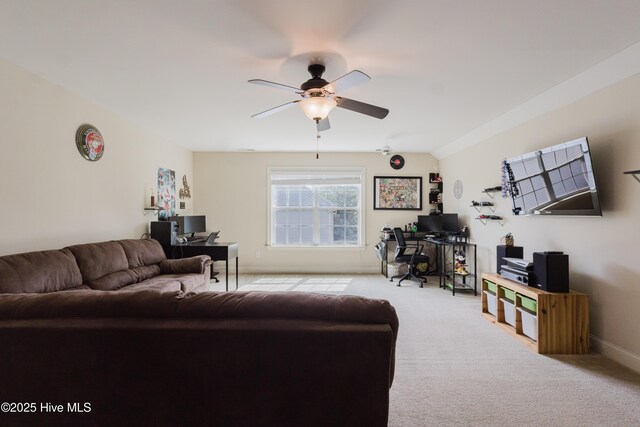 411 Canvasback Ln, Sneads Ferry, NC 28460 - living area featuring an office area, ceiling fan, carpet flooring, and baseboards
