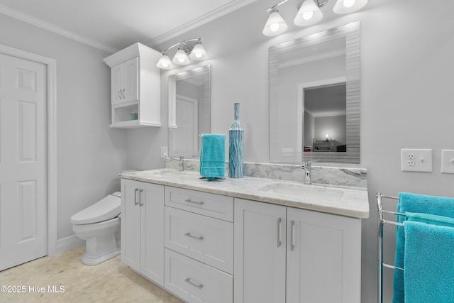 827 Village Point Rd SW, Shallotte, NC 28470 - bathroom featuring double vanity, ornamental molding, and toilet