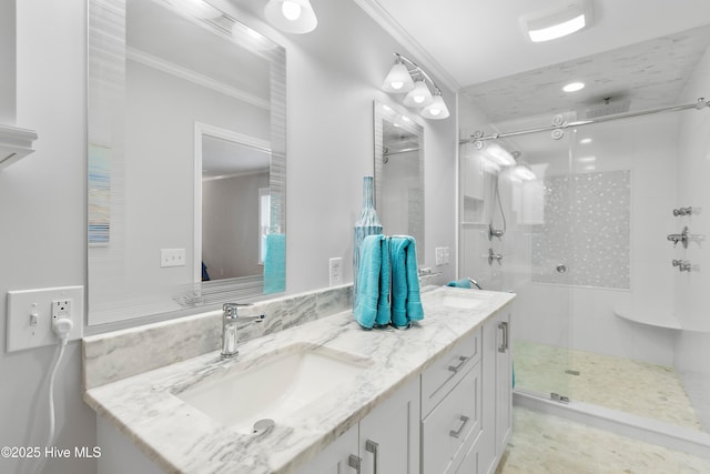 827 Village Point Rd SW, Shallotte, NC 28470 - full bathroom with a shower stall, double vanity, and ornamental molding