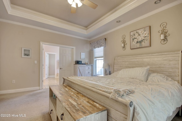 9116 Oak Ridge Plantation Dr, Calabash, NC 28467 - bedroom featuring a tray ceiling, ornamental molding, light carpet, and ceiling fan