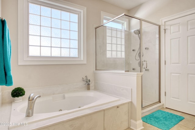 9116 Oak Ridge Plantation Dr, Calabash, NC 28467 - bathroom featuring a shower stall, a tub with jets, and tile patterned floors
