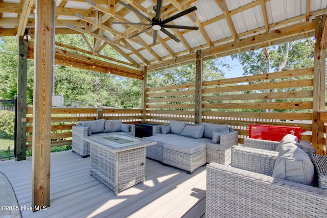 9116 Oak Ridge Plantation Dr, Calabash, NC 28467 - wooden deck featuring a ceiling fan, outdoor lounge area, and a gazebo