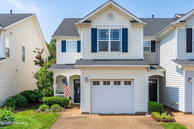 2635 Asher View Ct, Raleigh, NC 27606 - traditional-style house featuring a garage, covered porch, a shingled roof, and driveway