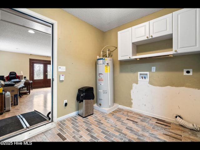 71 Combine Ln SE, Leland, NC 28451 - laundry area featuring electric dryer hookup, electric water heater, baseboards, cabinet space, and a textured ceiling