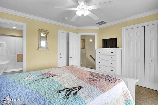 421 30th St, Sunset Beach, NC 28468 - carpeted bedroom with ornamental molding, ensuite bathroom, and a ceiling fan
